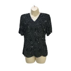 Vintage Stenay Womens Silk Top Petite Size Medium Black Padded Shoulder Sequin